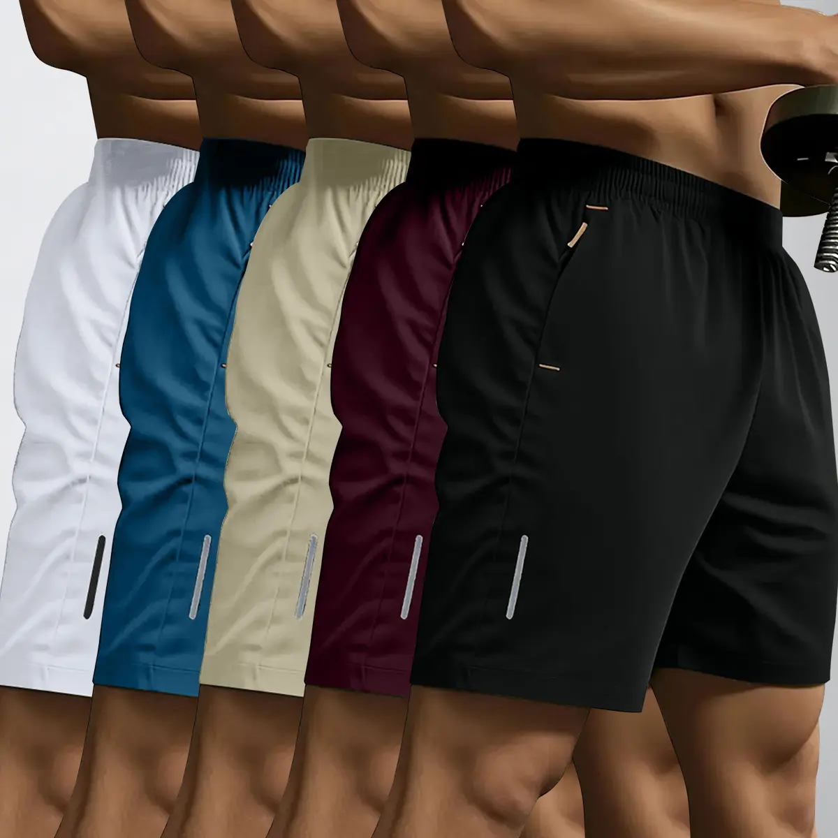 Pack of 5 men’s summer shorts with drawstring waist and zippered pockets for outdoor casual sports and fitness; Korean-style loose lightweight ice silk quick-dry casual athletic shorts, knee-length, Beige shorts for the summer short shorts