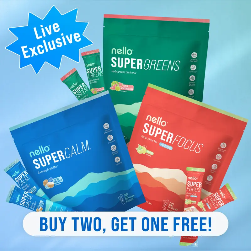 [LIVE] Nello Super Bundle Travel Packets: 1 Supercalm (Pack of 20) + 1 Superfocus (Caffeinated) (Pack of 20) + 1 Supergreens (Pack of 20)