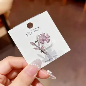 Sweet Girly Adjustable Band Super Sparkling Pink Zircon Flower & Leaf Promise Ring, Internet-Famous Colorful Statement Costume Jewelry Ring, Colorful Statement Rings