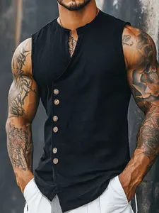 Men's Summer Cotton Linen Vest, Breathable Skin-Friendly Fabric, Asymmetrical Slant Collar Design, Casual Versatile Style