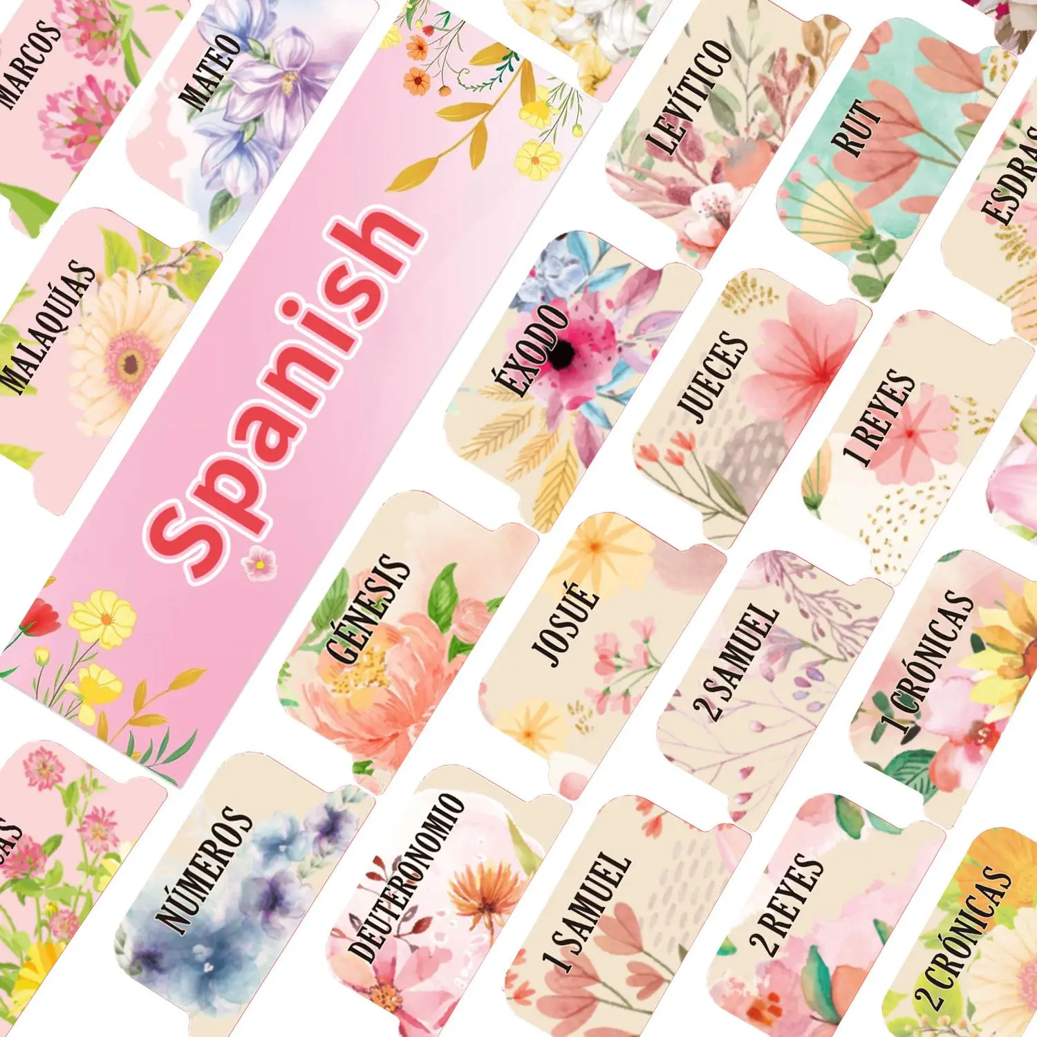 Floral Pattern Bible Tabs, Index Tabs, 75pcs/5 Sheets  Spanish Scripture Laminated Tabs Set, Easy-to-read Old & New Testament Divider Book Reading Stickers for Bible Study & Journaling
