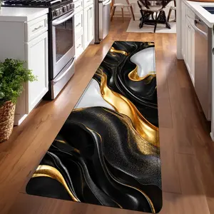 1PC, Black Gold White Fluid Texture Patterned strip rugs, Modern abstract rug, home décor, bathroom mats, entryway mats, kitchen mats, hallway rugs, Modern Indoor Rug, Decorative Rug