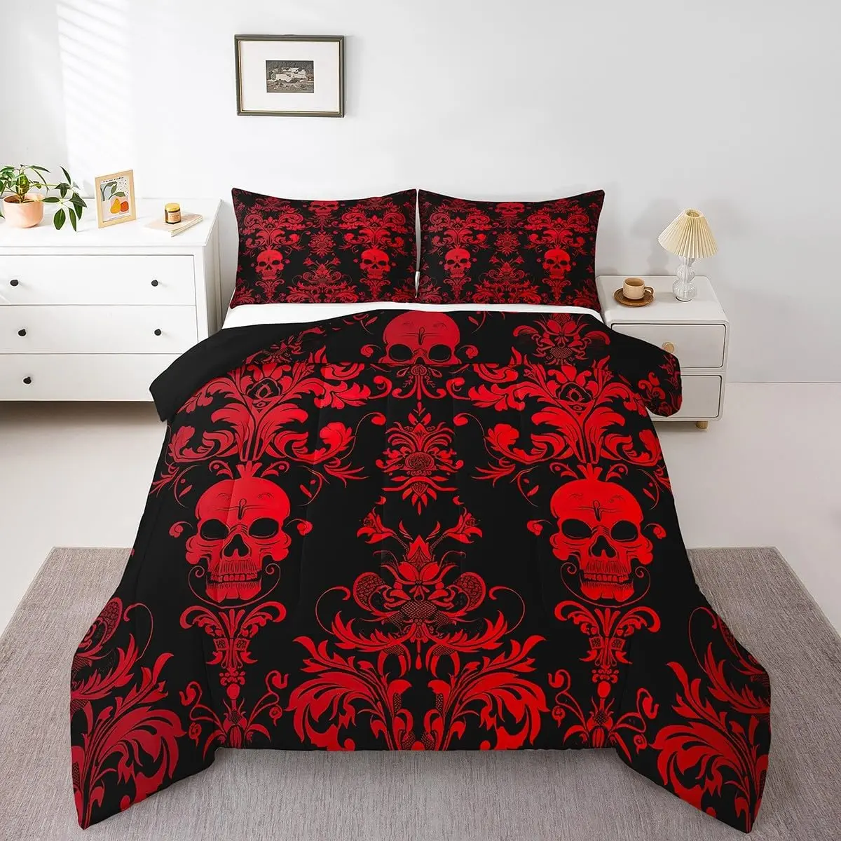 Feelyou Twin Red Damask Flower Quilt Set - Classic Soft Durable Decorative Bedding Set, Breathable Antique Victorian Baroque Comforter, Gothic Vintage Floral Print Duvet Insert, RV Camping Travel-Friendly Adult Bedding, Multi-Size Option