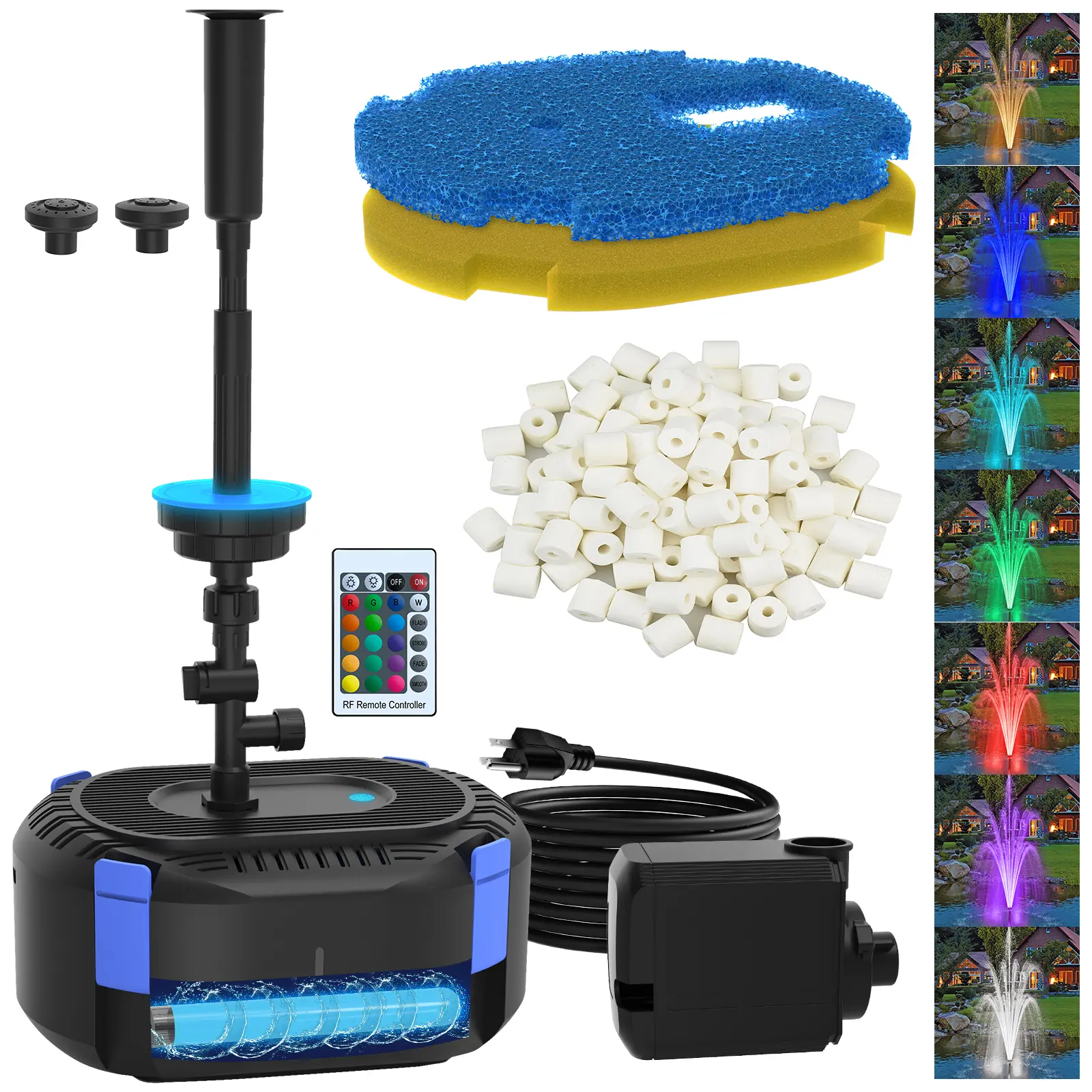 AquaMiracle All-in-1 Pond Fountain Kit with 3-Spray Patterns Pond Filters System for Outdoor Ponds with Color LED & U - V Light to Clean Green Water Fountain Pump