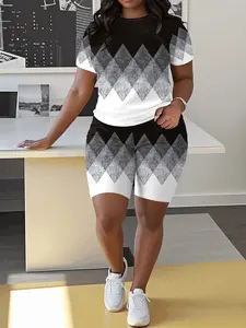 2pcs Plus Size Women'S Casual Polyester Geometric Print Outfit - Short Sleeve Round Neck Top & Shorts Set, Stretch Knit Fabric, No Belt Required, Machine Washable, Ideal For Spring/Summer, Summer Outfit|Modern Casual Style|Sleek Fabric Finish