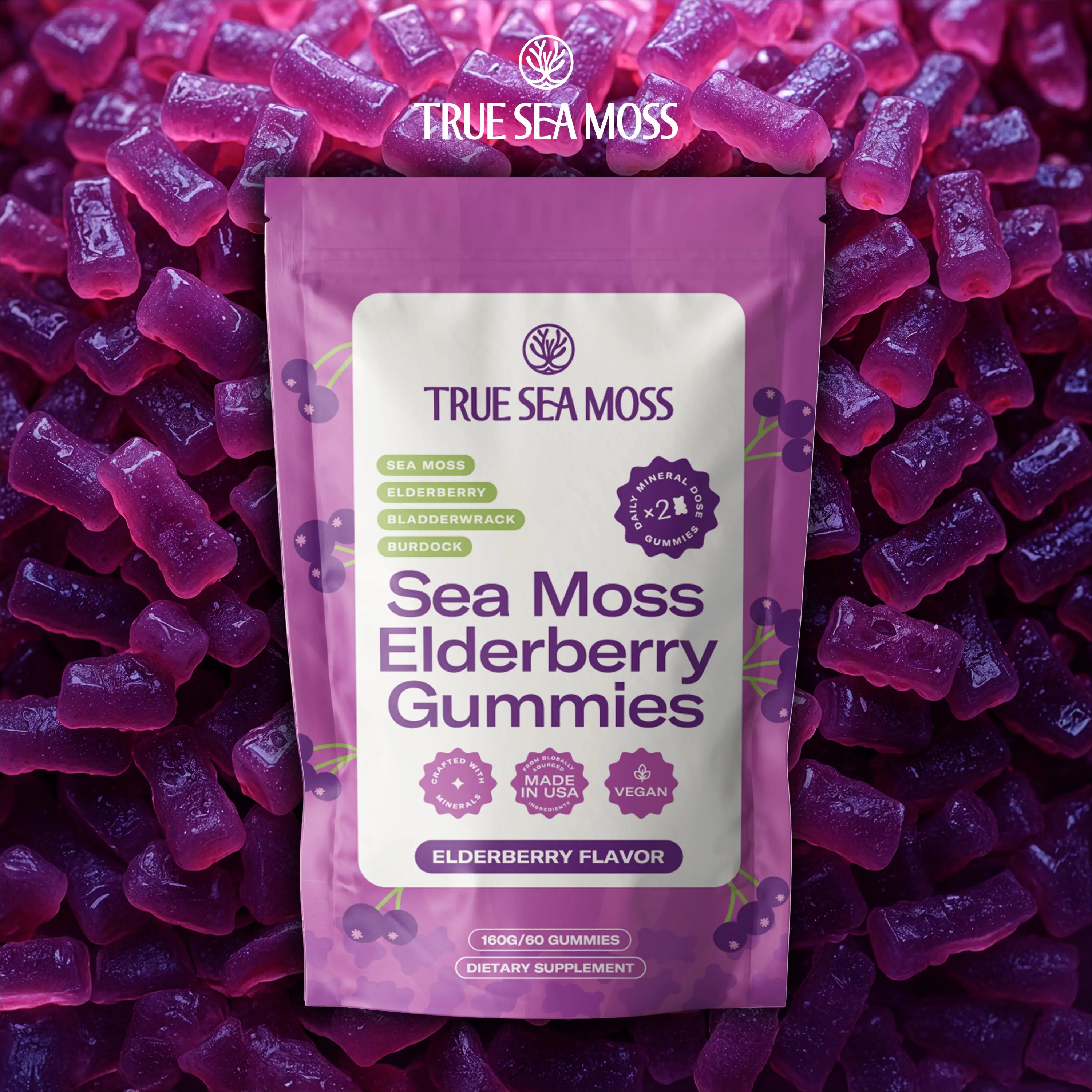 TrueSeaMoss Elderberry Sea Moss Gummies – With Magnesium, Burdock Root & Bladderwrack – 60 Vegan Gummies - Nutritious Vegan Formula Rich in Minerals