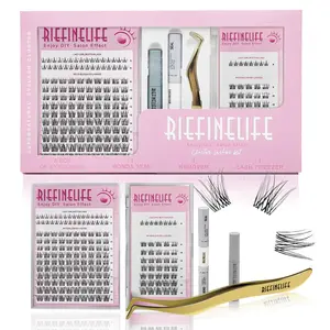 Waterproof Lash Clusters Kit, 5‑16mm DIY Eyelash Extension kit,D Curl Soft Natural False Eyelashes with Bond and Seal,Remover,Tweezers, Wispy Individual Clusters Thin Lash Band (Black-Natural)