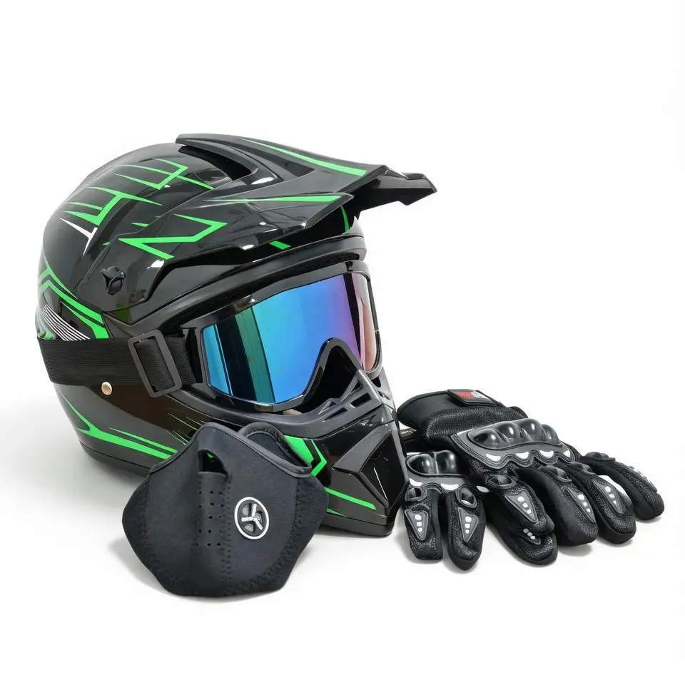 Casco para Bicicleta Black Green Lightning DOT Full Face Motorcycle Helmet Adult Dirt Bike Helmet with Goggles Gloves Mask ATV UTV E-Bike Helmet Men Women Off-Road Racing Helmet Windproof Breathable summerwins,