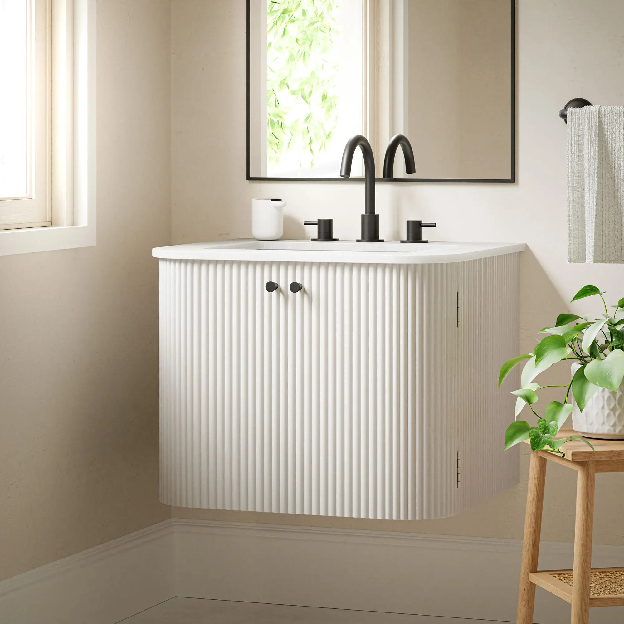 Modway Zia 24-in Floating Wall-Mount Bathroom Vanity - Solid Wood Construction, Soft-Close Doors, Curved Marble Sink, Plumbing Cutouts, Widespread Faucet Holes, Adjustable Design, Ivory Finish, 132 lbs, Assembly Required, Modern Bathroom Fixture Set