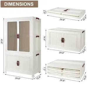 Portable Closet Wardrobe, Folding Storage Bins with Lid, Closet Organizers And Storage, Stackable Storage Box with Hanging Rod And Doors, Collapsible Plastic Clothes Cabinet with Wheels, 10 Hangers