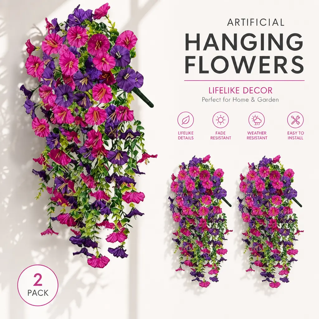 2-Piece UV Protection Artificial Morning Glory Vine Set, Waterproof Plastic Plants, DIY Arch Shaping Hanging Artificial Flowers, Floral Decor for Outdoor Garden Greenery Garland, Ornaments