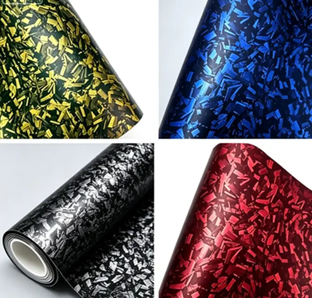 Specifications: 1 ft × 5 ft. Metal forged carbon fiber texture; available in four trendy color options—black, gold, blue, red. Suitable for small areas such as the hood, rearview mirror, door handles, interior trim pieces, etc.