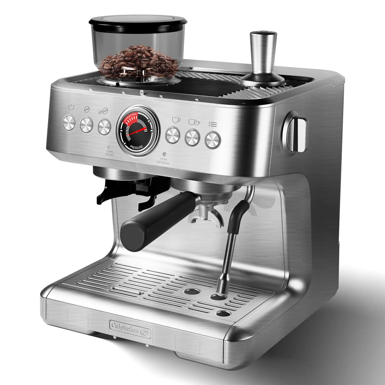 20-Bar Stainless Steel Countertop Espresso Maker with Built-in Grinder, Milk Frother, Compact Size for Home Morning Brewing