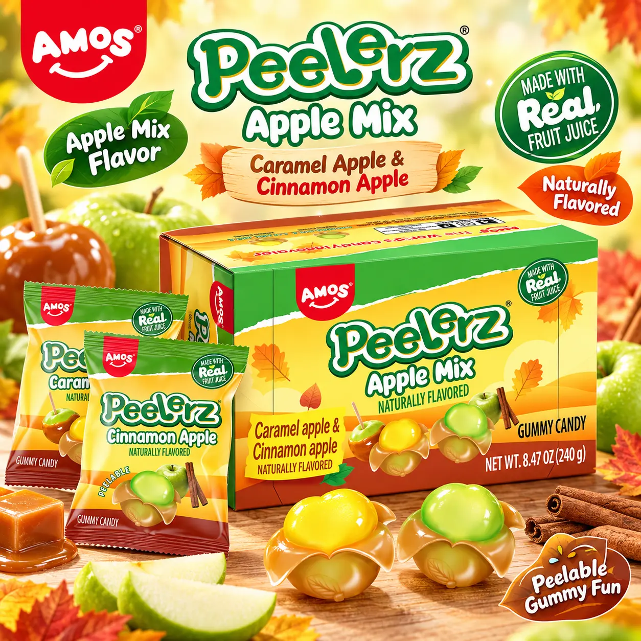 AMOS Peelerz Chewy Soft Sweet Gummy Candy Snack Boxes - Caramel & Cinnamon Flavors, Peelable, Made with Real Fruit Juice, 9-Pack, 8.47 oz