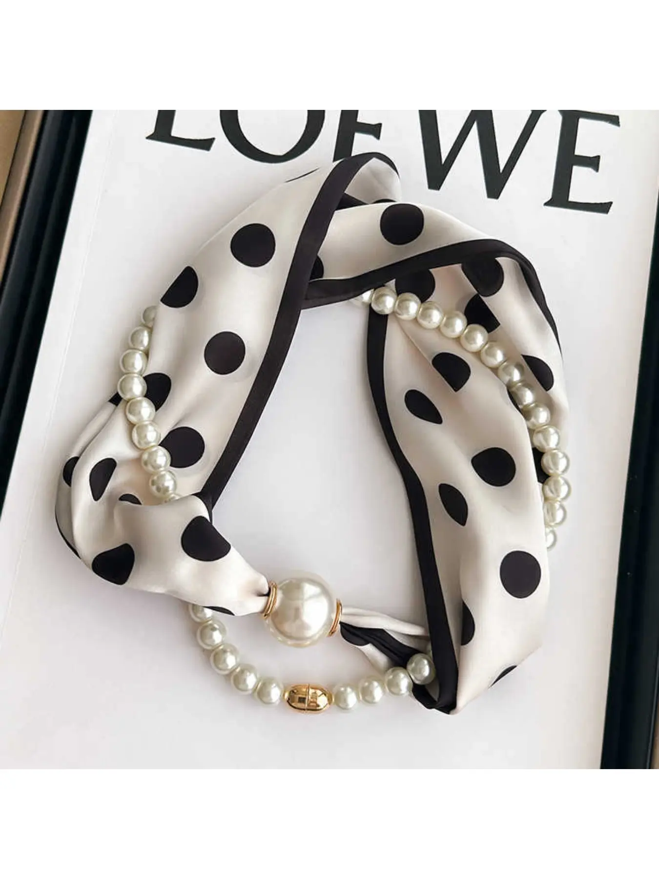 Magnetic buckle pearl necklace narrow long silk scarf women's spring, autumn and summer neck gaiter neck shirt gauze scarf thin scarf
