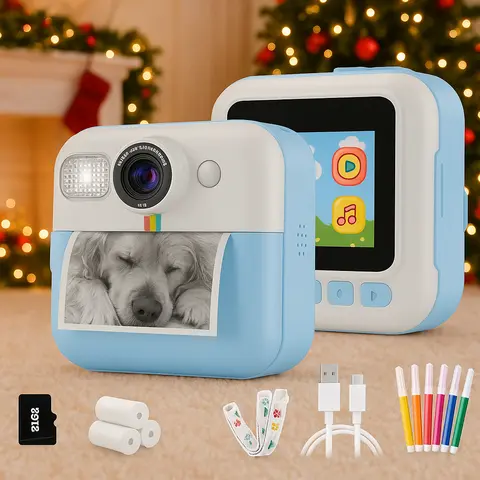 Kids' Digital Instant Print Camera - 1080P Portable Digital Camera Toy for 7+ Years Boys, 32G SD Card, 3 Rolls Print Paper, BPA-Free Paper, 1500mAh Rechargeable Blue Festival Gift (Christmas, Kids Christmas Gifts Girls)