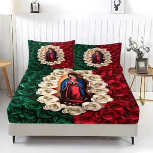 3Pcs Our Lady of Guadalupe & Mexican Flag Color 3D Rose Digital Print Fitted Sheet Set, Decorative bedsheet sets, Comfy, Cultural Sacred Themed, Soft & Durable Microfiber Bedding, Breathable Sheets, Home Decor, Gift for Faith & Mexican Culture Lovers