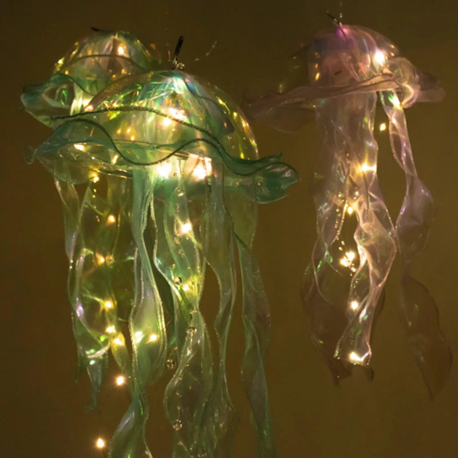 6 Pack Blue Purple LED Jellyfish Lighting Lantern Hanging Ornaments, 3 Flashing Modes, Organza Ribbon, Home Supplies Decorations Accessories for Whimsical Room Decor & Funky Home Decor Quirky - 17"