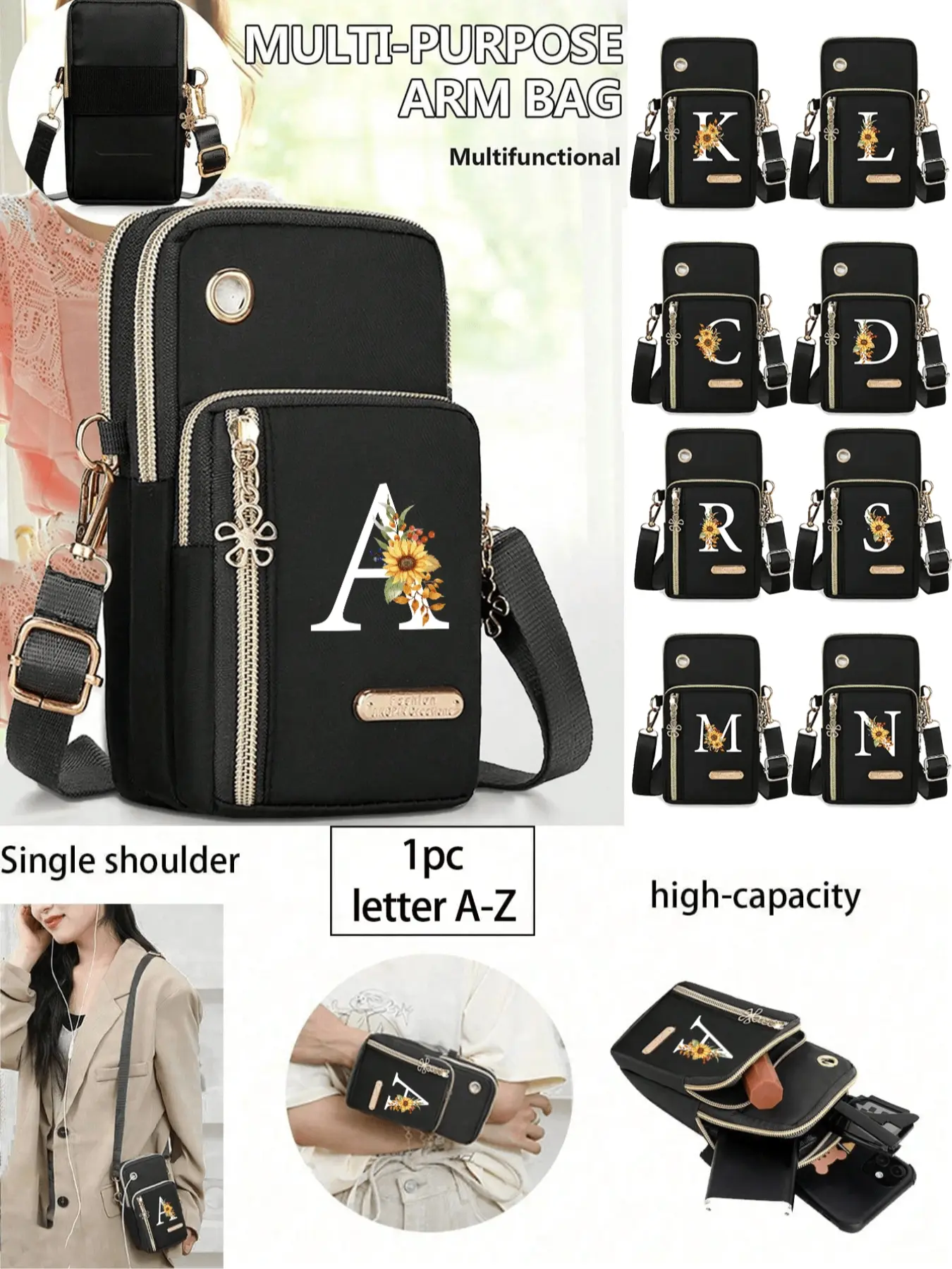 Women's phone bag, Crossbody shoulder bag, Stylish crossbody bag, Fashionable crossbody bag, mini crossbody bag with floral and letter pattern, large-capacity coin purse, with black anti-loss earphone strap, anniversary gift, Fashionable Bags