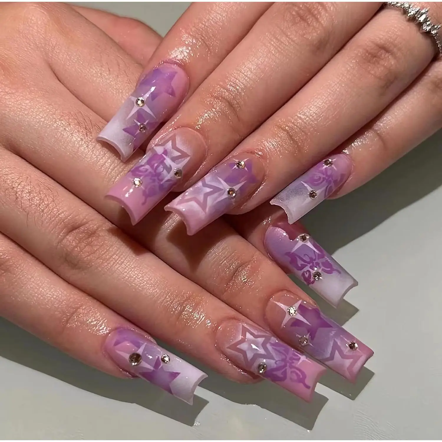 Press On Nails Medium Square Purple with Star Rhinestone and Butterfly Design For Daily and Special Events Full Cover Acrylic Nails Glossy Finish Pre Applied Glue 24Pcs