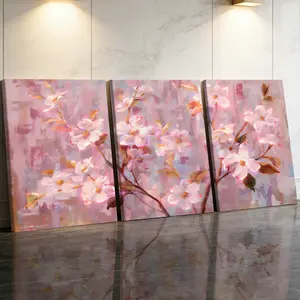 3 Counts Wooden Framed Canvas Painting, Elegant Pink Blossom Flowers Images, Exquisite Poster, Perfect Gift, Decor For Living Room, Bedthroom, Modern Art, Fashion Family Poster, Wall Art Decoration