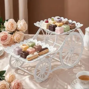 Double Layer White Lace Dessert Stand with Cart Design, Cake Stands, Perfect for Serving Afternoon Tea Indoors and Displaying Desserts at Weddings and Parties, Dessert Stand Set