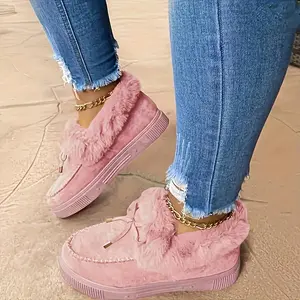 Women's Fluffy Furry Snow Boots, Solid Color Bowknot Plush Lined Ankle Winter Warm Flat Fuzzy Short Boots Ideal Christmas gifts Girl Walking Shoes