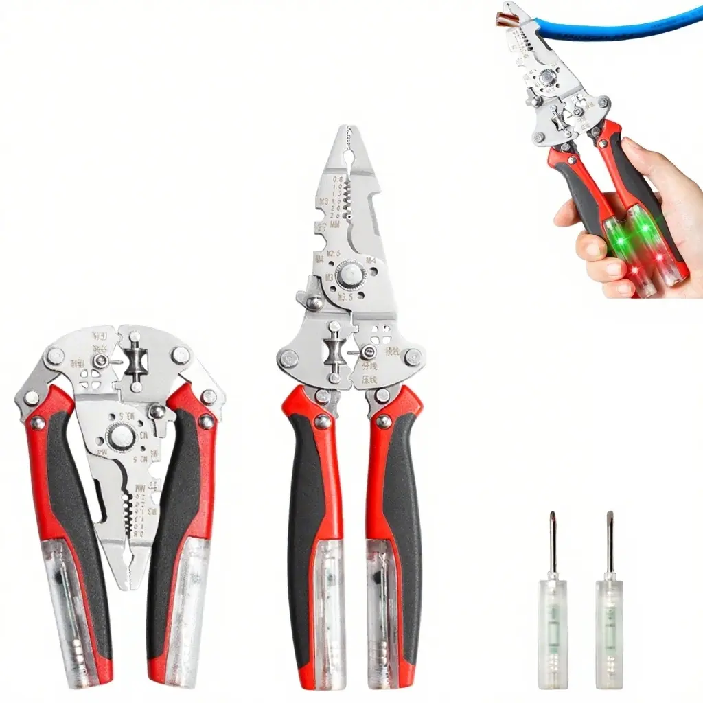 10-Inch Heavy Duty 18-in-1 Foldable Wire Stripper Pliers - Integrated Voltage Tester, 2 Detachable Tester Pens, Electrician Cable Cutter Splitter