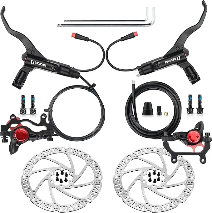 Hycline Ebike Hydraulic Disc Brake Set, Zoom H875E 2-Piston Aluminum Alloy Kit with Integrated Lever and Power-Off 2-Pin Sensor, Includes 160/180mm Rotors, Brake Parts, Hybrid Bikes