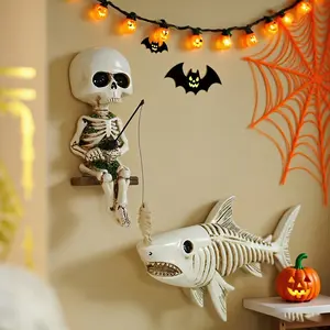 Premium 2-Pack Skull Fishing Shark Hanging Wall Statue, High-Quality Resin Fish Skeleton Wall Art Sculpture, Dark Aesthetic Indoor Home Office Decor, Spooky Halloween Theme Party Display Accent Pieces