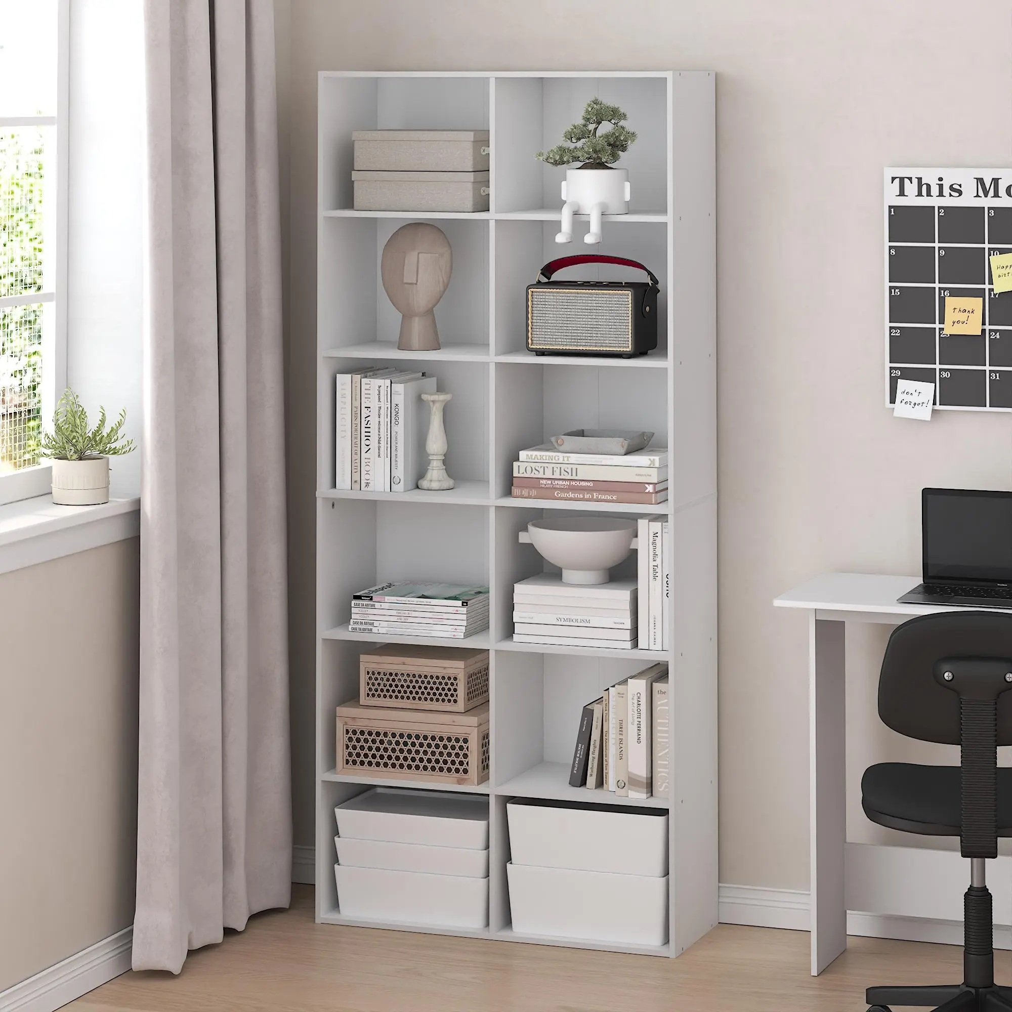 White 12-Cube Composite Wooden Bookshelf - Indoor Bookshelf, Open-Shelf Storage Organizer, Modern Multi-Layer Rack, 12x32x71in, for Living Room, Home Office