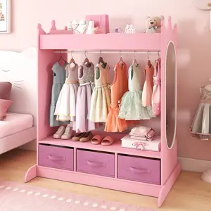 Artisthandbeauty Kids Dress Up Storage Armoire with Mirror Drawers Pink Dresser for Playroom Bedroom Top Shelf Pretend Closet