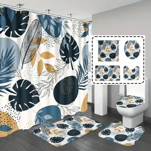 [Popular Choice]1pc/4pcs, bathroom curtains shower, bathroom set, shower curtains, bathroom rug, home decoration, bathroom mat, tortoise shell bamboo pattern, tropical plant theme decoration, bathroom set, with 12 hooks.