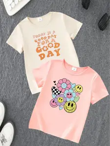Toddler Girl's Sun Smile Face & Letter Print Funny Graphic Tee, Casual Fun Shirt Floral Graphic Short Sleeve T-shirt for Summer, Kids Clothes for Daily Wear, Casual Tee Tops, Funny Print Shirts