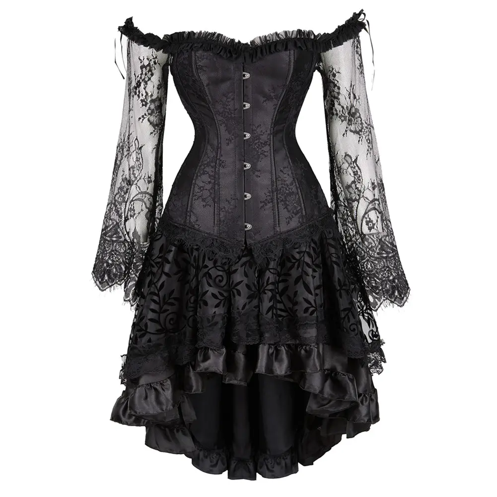 Women's Elegant Comfortable Steampunk Gothic Off-Shoulder Lace Bell Sleeve Corset Dress Set with Floral High-Low Skirt for Halloween Cosplay Costumes, Statement Outfit