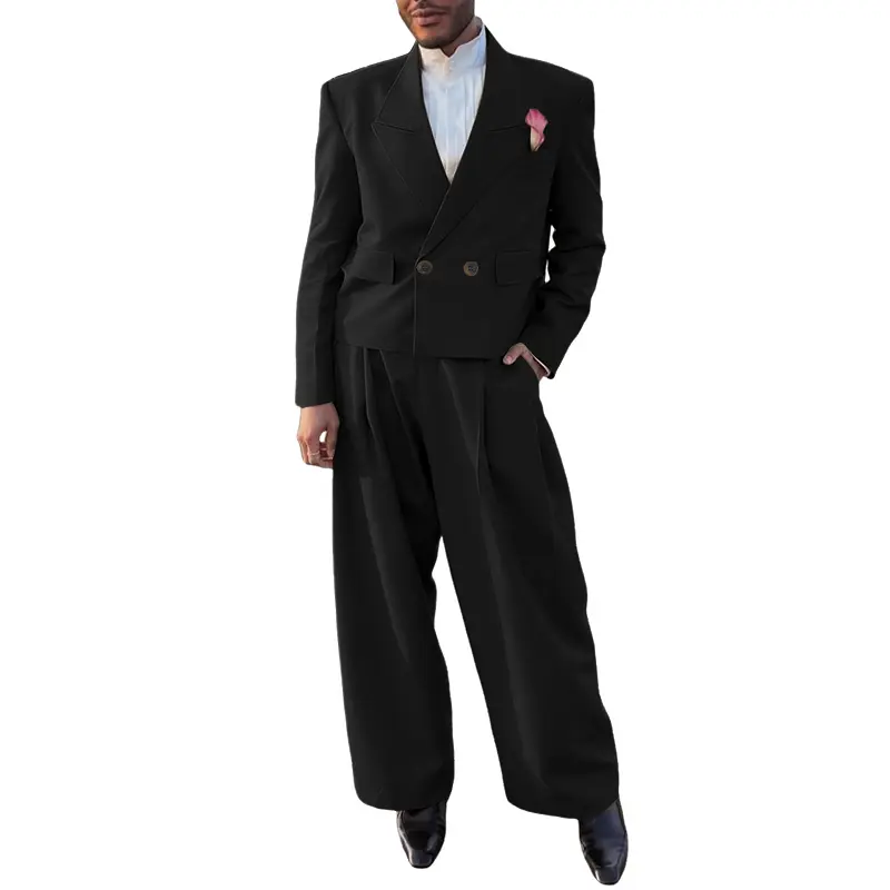 INCERUN Menswear Architectural 2-Piece Suit, Formal Double-Breasted Cropped Blazer & Wide Leg Trousers for Wedding, Gala, Formal Wear, Fashion, Set, Mensfashion, Top, Woven Fabric, Wide Legs, Proportions