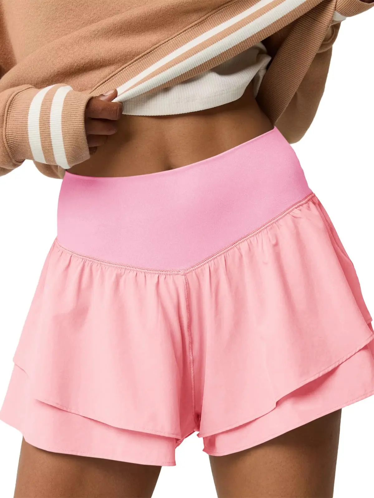 FISOEW Womens High Waisted Athletic Shorts Ruffle Tiered Running Workout Tennis Shorts with Build in Shorts