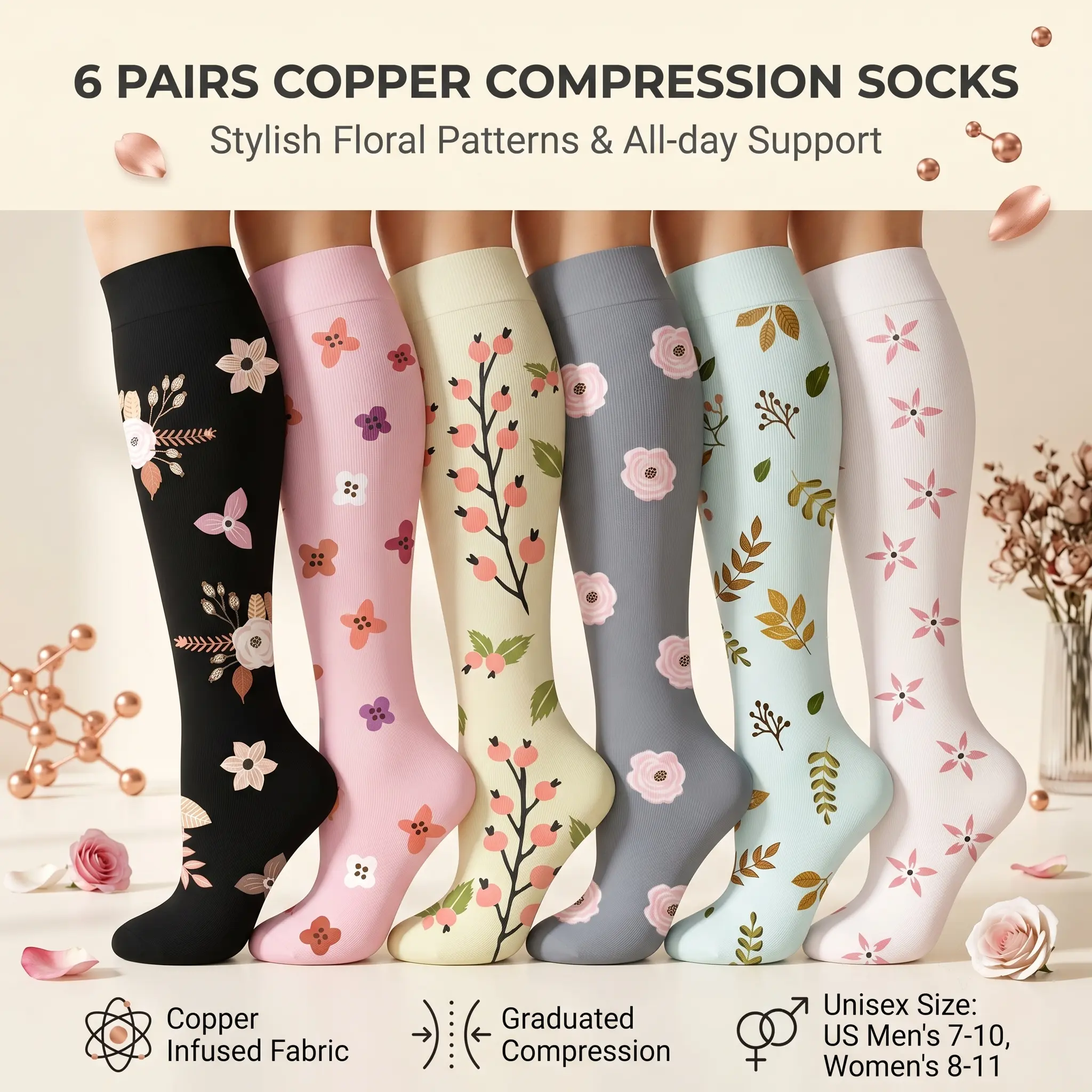Floral Copper Compression Socks 6-Pack - Compression Stockings for Adults' Running, Gym Workouts, Long Flights Support
