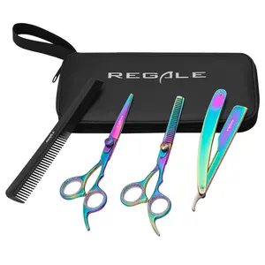 Regale Professional Rainbow Titanium Hair Cutting Shear Set | 5-Piece Barber Kit