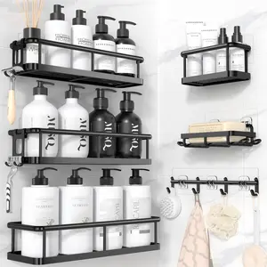 Shower Caddy, 5 Pack Black bathroom accessories, wall organizer, No Drill Bathroom Shower Organizers With Removable Hooks, Rust Proof Shower Shelves For Inside Shower, free wall mountshower organizer