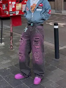 Men's purple distressed hole jeans with all-season differential washing process, loose straight stacked fit, American trendy Y2K rock street streetwear stacked wide-leg denim pants
