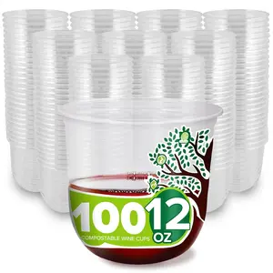 12 oz Clear Commercially Compostable Wine Cups (100 Pack) - Plant Based Eco Party Cup, Environmentally Friendly Recyclable Disposable Sustainable for Water & Beer, Stemless