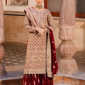 Walima Nikkha Gharara for Brides New Style Gorgeous Pattern Trending Embroidered Beige & Maroon Lehenga Choli Set size XL