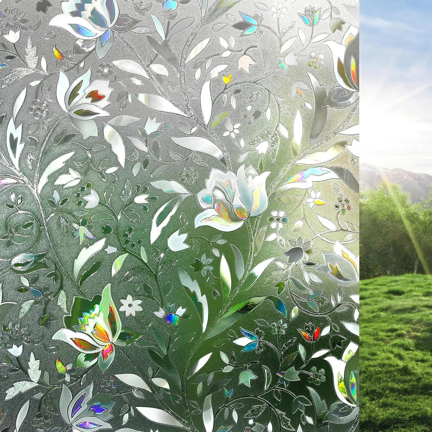 Rainbow Tulips Stained Glass Window Privacy Film - Static Cling Frosted Tint, Renter-Friendly, Sun-Blocking Light Filtering, Residue-Free Lift Keeps Windows Ready, Easy DIY Fit for Family Projects Home Door Decoration Sticker