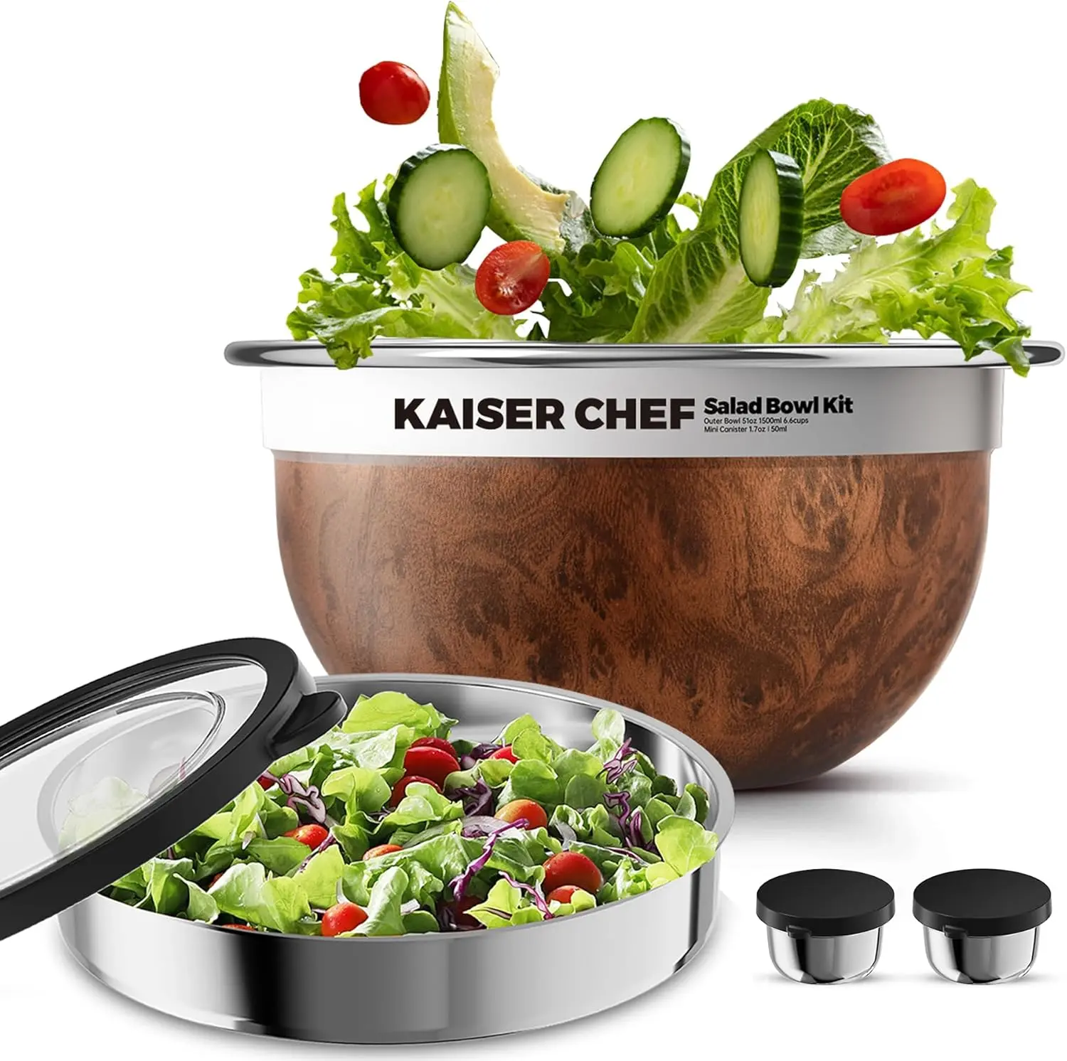 Salad Bowl Kit 74oz,Salad Container For Lunch,18/8 Stainless Steel,Salad Bowl With Lid, Includes 1.7oz Condiment Container and Removable Tray,Leak-Proof, Easy to Clean (Wood)