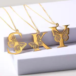 26-Letter Hollow Butterfly Cutout Initial Letter Charm Necklace, Elegant Look Jewelry for Women, Exquisite Personalized Everyday Wear Memorial Gift Fashion Accessory