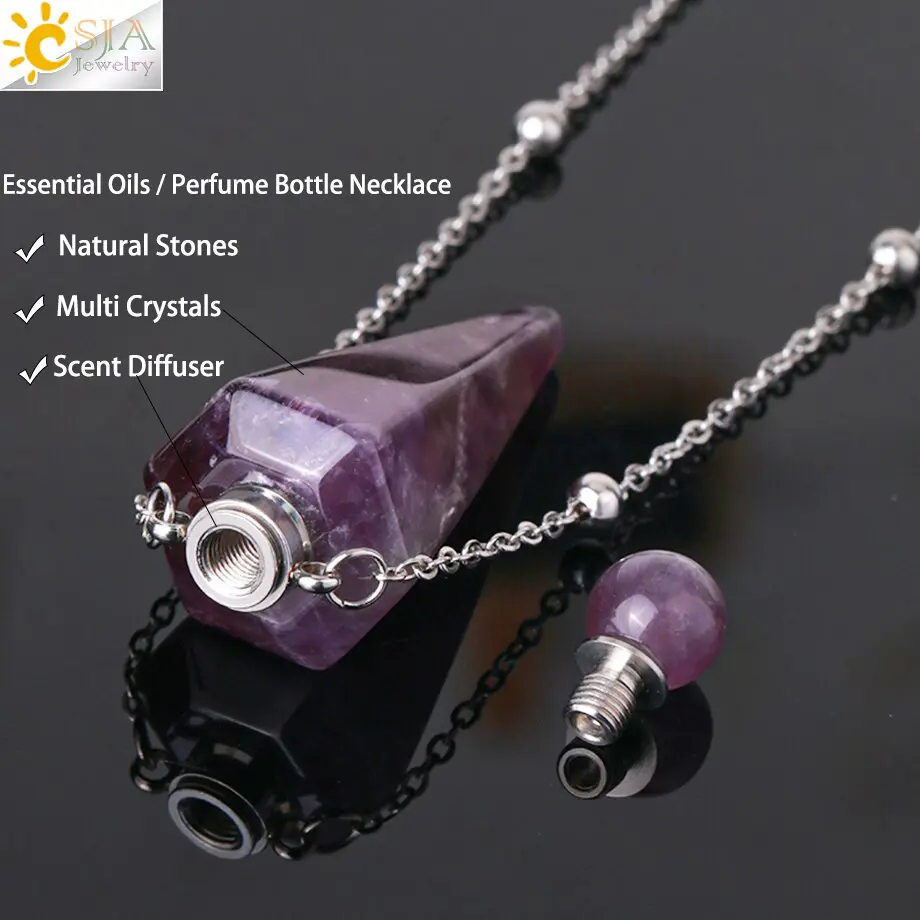 JEWEL-4U - Crystal Perfume Necklace Natural Stone Cone Pendant Healing Clear Quartz Pendants Essentials Oil Diffuser Vial Necklaces H119