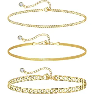 Plus Size Ankle Bracelets for Women - Extra Large 10"+2" Adjustable Anklet 14K Real Gold Plated Anklet Cuban Link, Figaro, Rope, Snake Herringbone - Summer Beach Waterproof Foot Jewelry