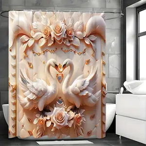 3D Swan Embossed Pearl Print Creative Shower Curtain Set, Decorative Bathroom Set Lightweight Yellow Color180 shower curtain