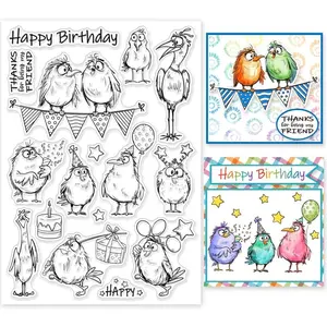 Cartoon Bird Birthday Clear Stamps Birthday Gift Comic Birds Silicone Stamps for DIY Scrapbooking Photo Album Decorative Cards Making Home Decoration 8.27x5.83inch